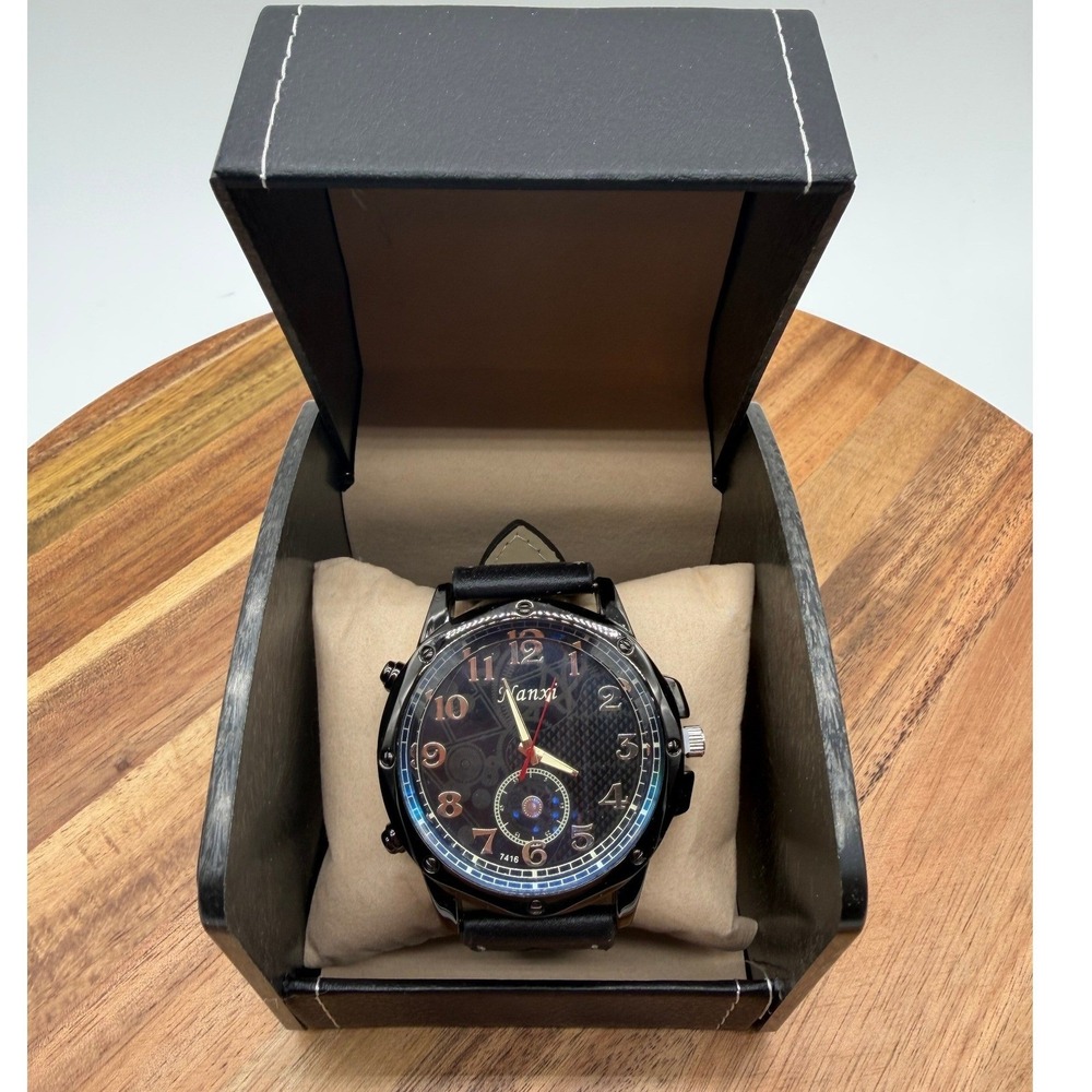 Nanxi 7416 Men's Black Quartz Watch Rose Gold Numerals Leather Strap Boxed  0455
